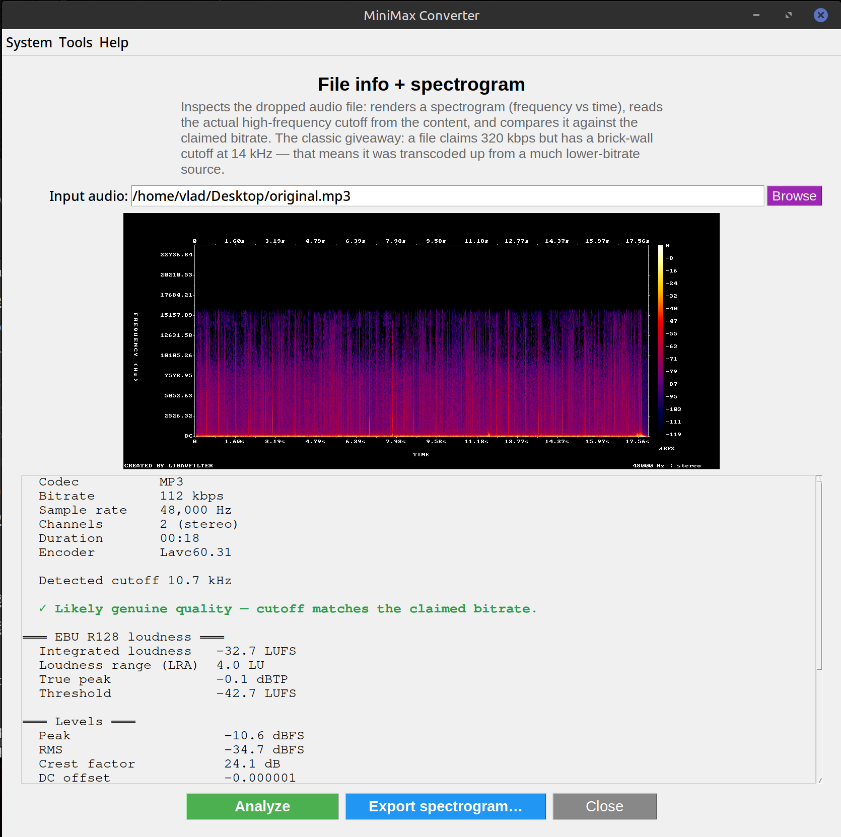 Audio Spectrogram + Transcode Detector — screenshot
