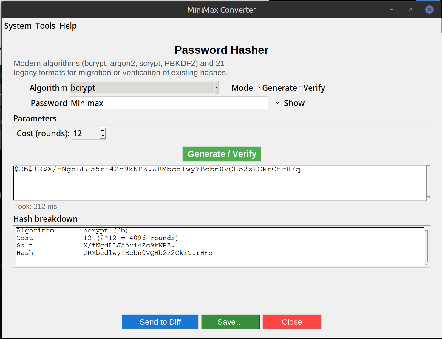 Password Hasher — bcrypt, Argon2, scrypt, PBKDF2 — screenshot