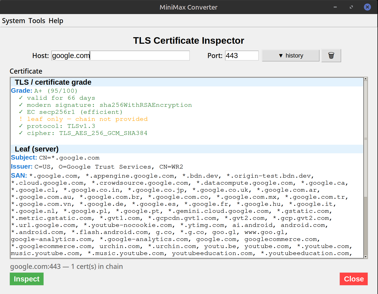 TLS Certificate Inspector — Live Host Cert Details — screenshot