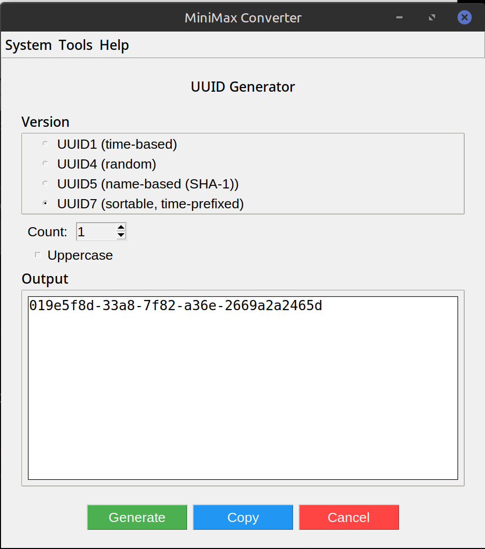 UUID Generator — v1, v4, v7, ULID — screenshot